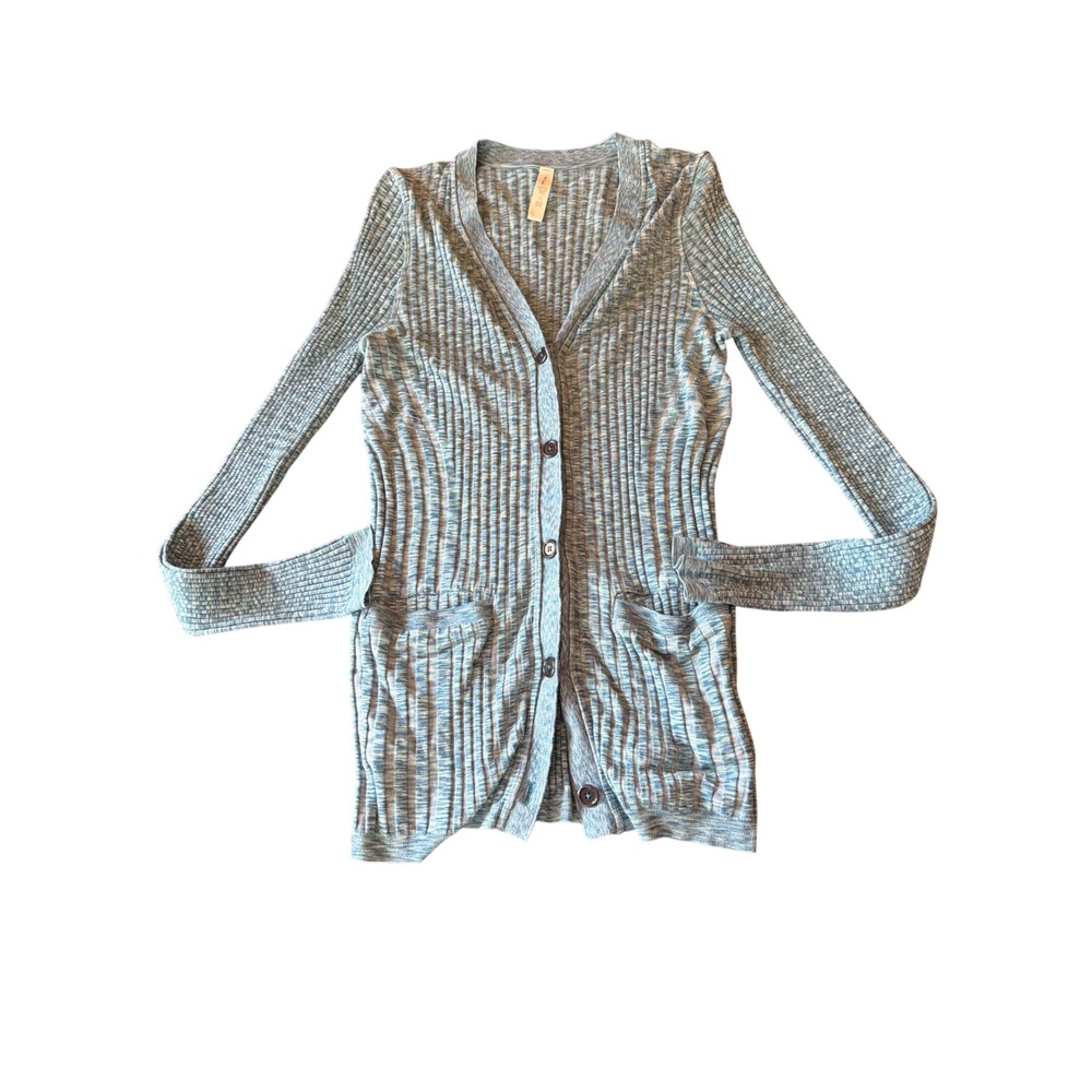 Athleta Cardigan Blue Revolve Space Dye Ribbed V-Neck Button Front Slim Fit L